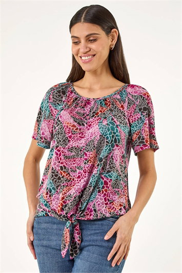 Purple Print Tie Front Button Top