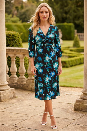 Blue Floral Twist Front Midi Dress
