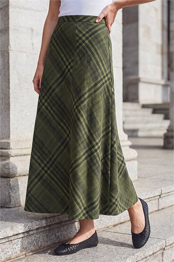 Green Print Check Midi Skirt