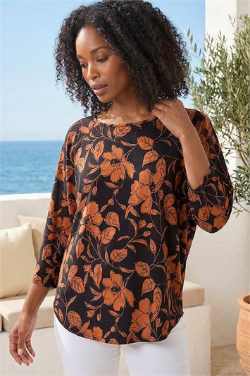 Brown Leaf Print Raglan Sleeve Stretch Top