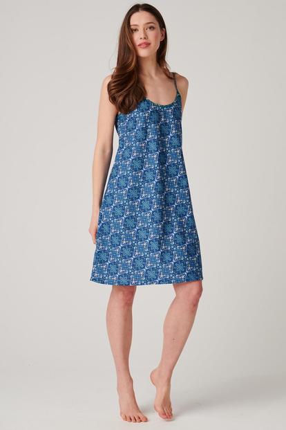 Blue "Marrakesh" Paisley Crisp Cotton Strappy Nightdress