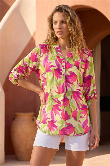 Green Floral Print Button V-Neck Top