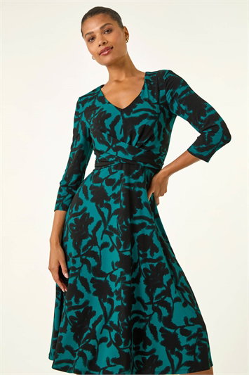 Blue Floral Print Wrap Midi Stretch Dress