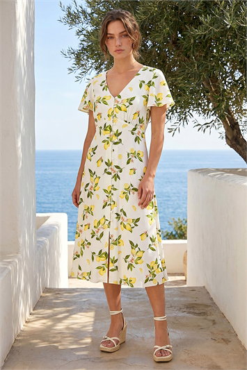 Petite Lemon Print Button Tea Dress 14710338