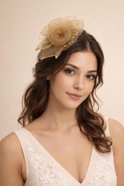 Black Rosette Fascinator & Brooch In Gold