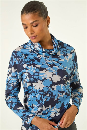 Blue Floral Print Cowl Neck Top