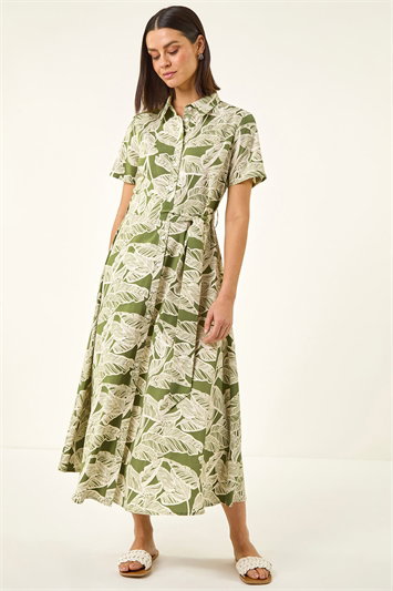 Leaf Print Belted Shirt Dress 14841934