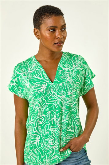 Green Printed V-Neck Stretch Shirt