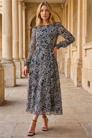 Black Floral Rose Midi Dress
