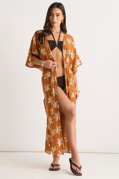 Orange Gini London Orange Floral Lurex Tie Front Kaftan Kimono