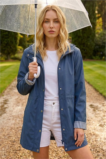 Blue Hooded Stripe Rain Jacket