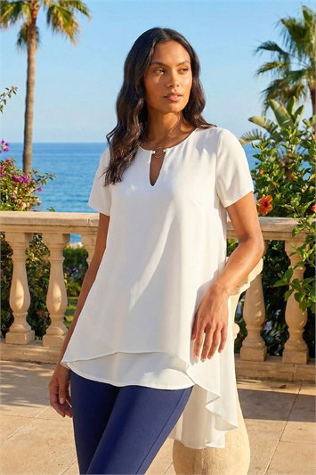 White Ring Front Chiffon Overlay Top