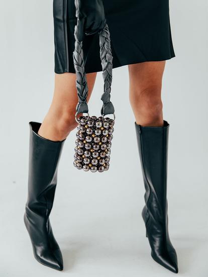 Metallic Faux Pearl Bag With Braided Satin Handle