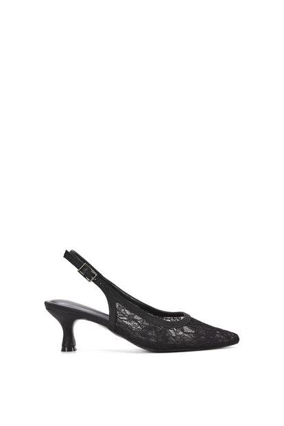 Black Lace Slingback Court Shoes Pointed Toe Kitten Heels