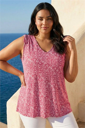 Pink Curve Printed Ruched Shoulder Vest Top