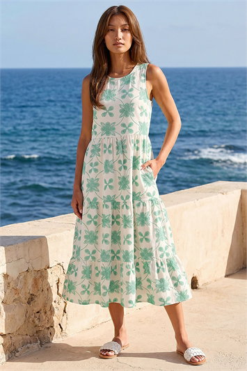 Floral Motif Tiered Midi Dress 14882338