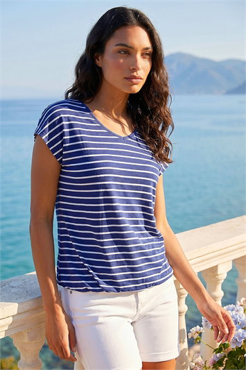 Blue Stripe Print V-Neck Stretch Tee