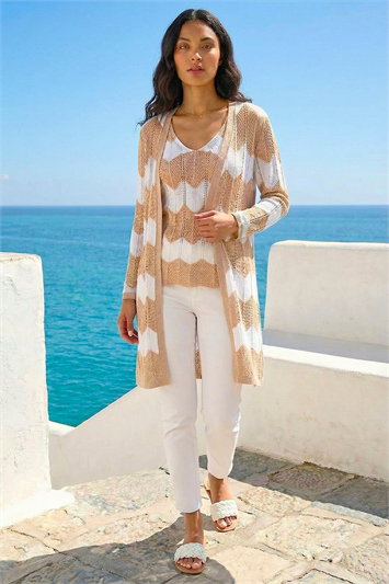 Cream Chevron Stripe Longline Cardigan