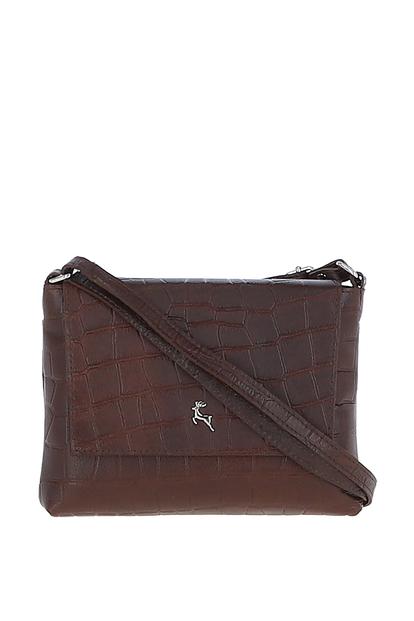 Black 'Rosea' Flap Over Croc Print Real Leather Shoulder Bag