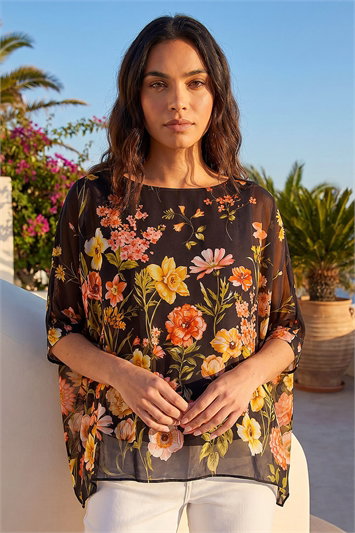 Black Floral Print Sequin Tunic Top