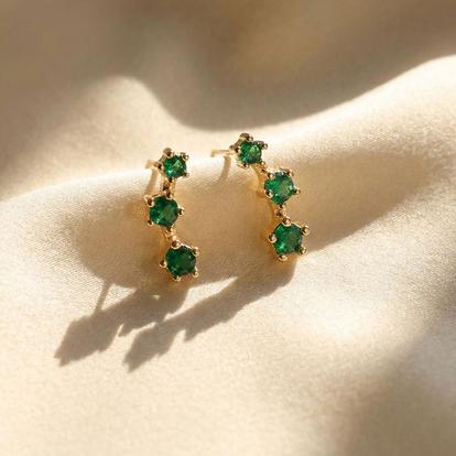 Green Tiny Emerald May Birthstone Climber Stud Earrings