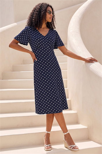 Blue Petite Polka Dot Stretch Jersey Dress