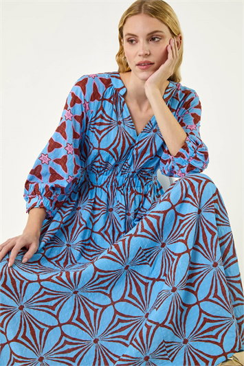 Blue Abstract Print V-Neck Maxi Dress