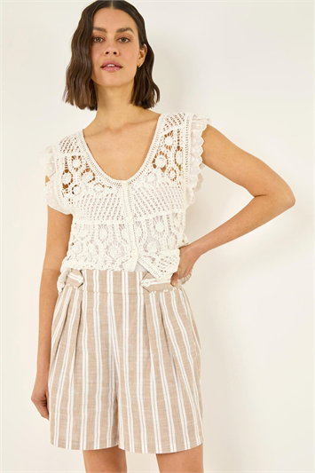 Cream Stripe Button Tab Shorts