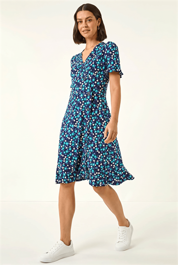 Blue Floral Side Button Dress