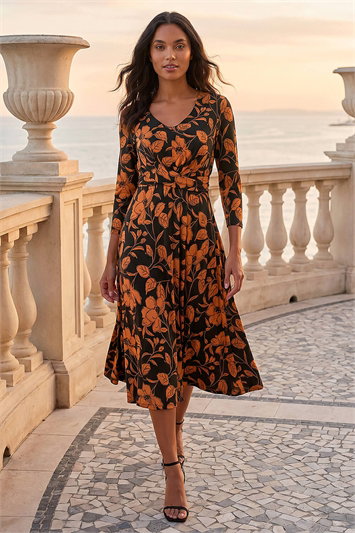Leaf Print Wrap Midi Dress 14571089