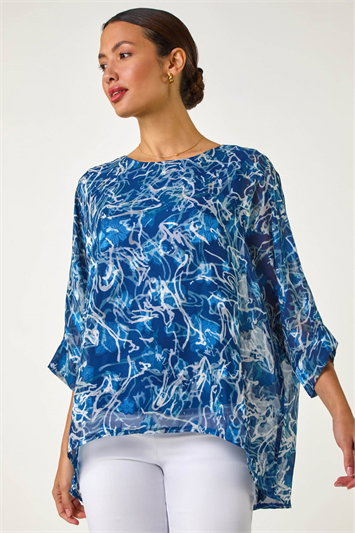 Blue Abstract Print Overlay Tunic Top