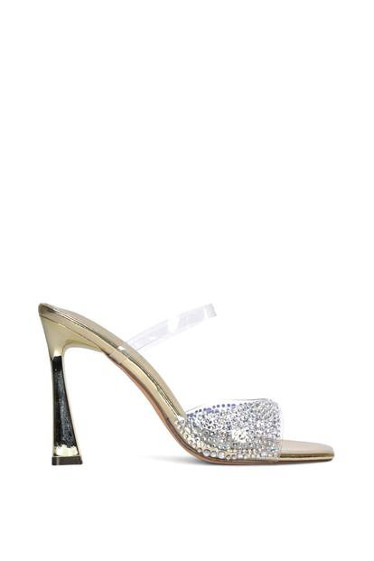 Metallic 'Lois' Square Open Toe Rhinestone Perspex High Heeled Mules