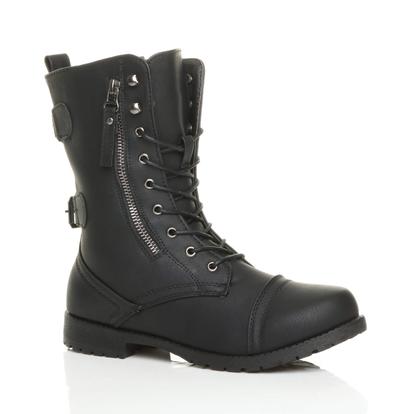 Black Lace Up Zips Military Biker Ankle Boots