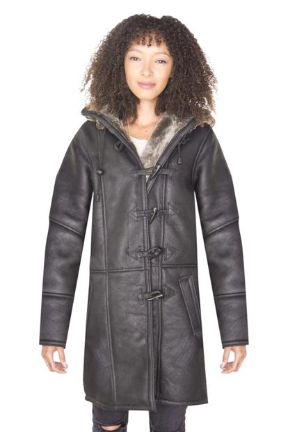 Black Womens Shearling Hooded Duffle Coat-Lile