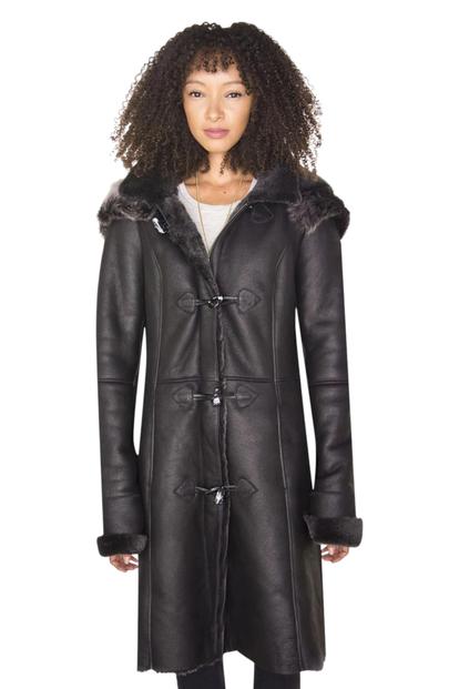 Black Womens Sheepskin Hooded Duffle Coat