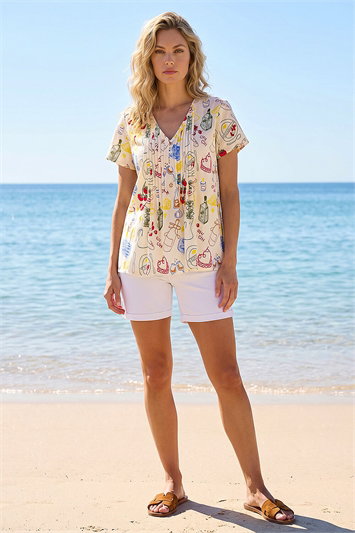 Holiday Print Pleated V-Neck Top 20253978