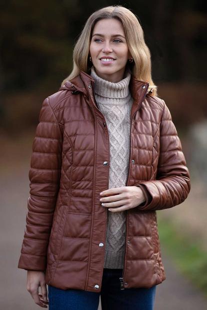 Brown 'Walbusch' Genuine Leather Quilted Hooded Jacket