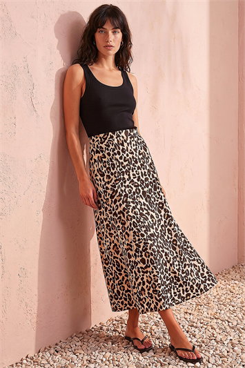Cream Animal Print Jersey Midi Skirt