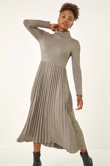 Grey High Neck Pleated Midi Dress