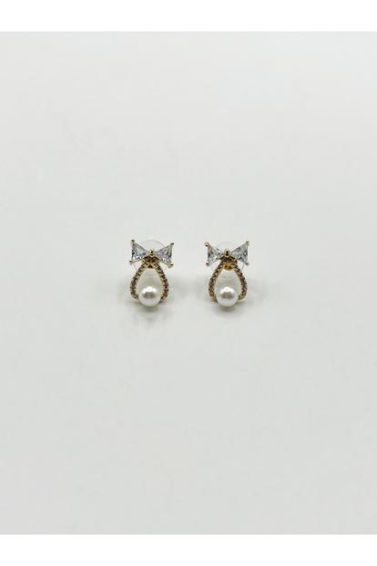 Metallic Studded Bow Earrings With Hanging Pearl In Gold - Gift Boxed