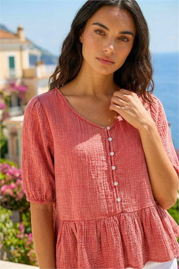 Red Buttoned Front Peplum Top