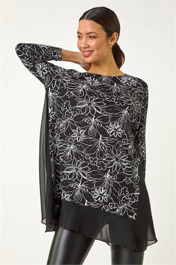 Black Floral Print Mesh Hem Tunic Top