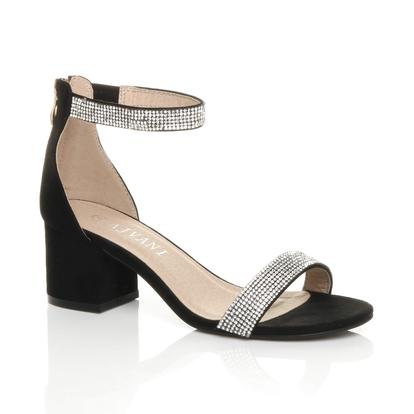 Black Mid Block Heel Ankle Strap Sandals
