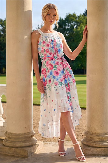 White Floral Print High Low Midi Dress