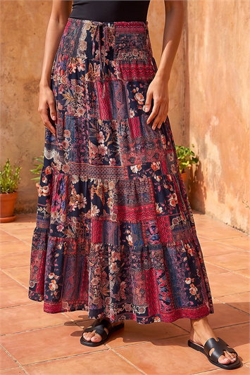 Red Boho Floral Shirred Waist Maxi Skirt