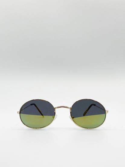 Metallic Metal Frame Round Sunglasses With Mirror Lenses