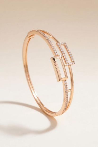 Metallic Brass Zircon Rectangle Luxury Wrist Bangle Bracelet