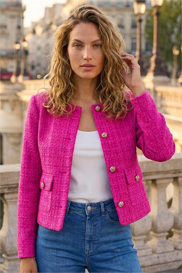 Purple Collarless Boucle Jacket