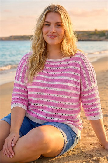 Pink Curve Crochet Stripe Knit Top