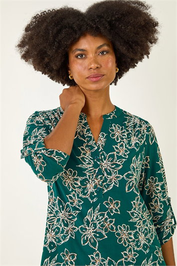 Blue Floral Puff Print Stretch Top